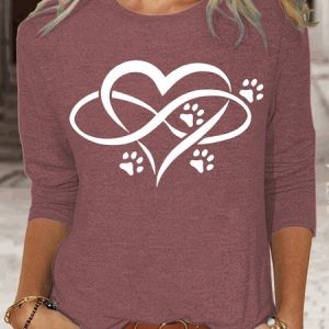 Women's Dog Paw Print Heart Casual Top, Long sleeves, Lilicloth.com