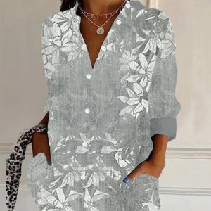 Shirt Collar Long Sleeve Floral Regular Loose Shirt For Women, Shirts, color:Gray|size:XXL, catalog Noracora shop