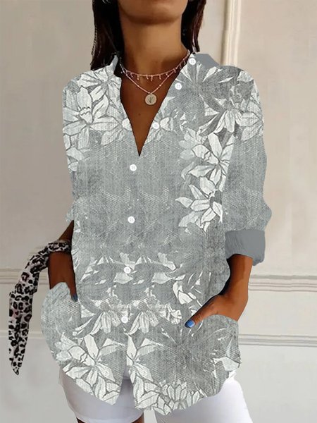 Women's Long Sleeve Shirt Spring/Fall Floral Shirt Collar Daily Going Out Casual Top, JustFashionNow Shirts, color:Gray|size:XXL,