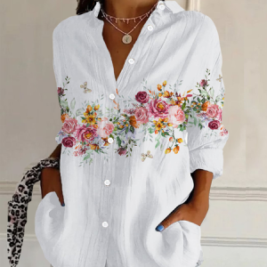 Shirt Collar Long Sleeve Floral Buckle Regular Loose Button Up Shirt Shirt For Women, Shirts, color:White|size:3XL, catalog Noracora shop