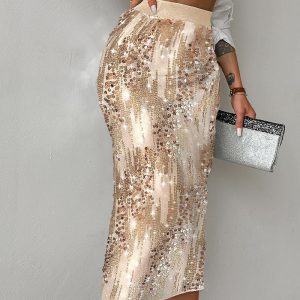 Allover Sequin Stretchy Waist Side Slit Party Club Skirt, women Skirts, ChicMe catalog