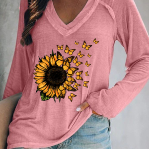 Sunflower V Neck Loose Casual T-Shirt, Long sleeves, Lilicloth.com