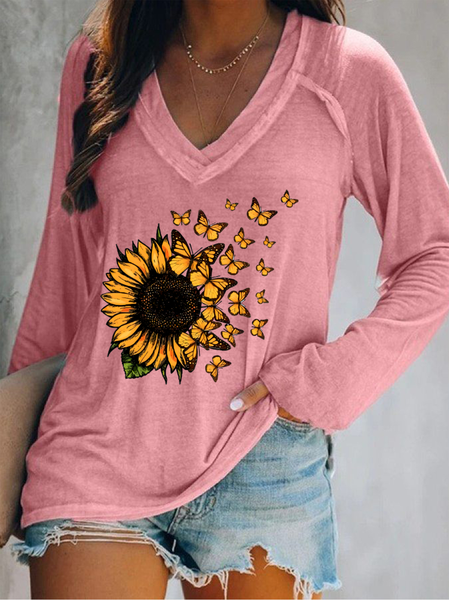 Sunflower V Neck Loose Casual T-Shirt, Long sleeves, Lilicloth.com