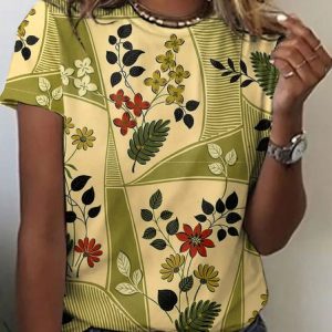 Casual Geometric Crew Neck Short Sleeve T-shirt, T-shirts, color:Khaki|size:4XL, catalog Noracora shop
