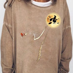 Womens Cat Catching The Moon Funny Cat Halloween Crew Neck Sweatshirts, Hoodies&Sweatshirts, Lilicloth.com