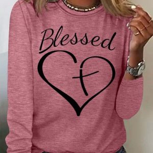 Women's Christian Blessed Heart Print Crew Neck Casual Letters Top, Long sleeves, Lilicloth.com