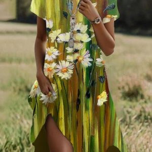 Women Floral Crew Neck Short Sleeve Comfy Casual Midi Dress, Dresses, color:Green|size:XXL, catalog Noracora shop