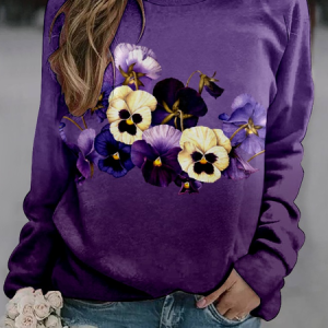 Alzheimer's Crew Neck Loose Purple Floral Casual Sweatshirt, Hoodies&Sweatshirts, Lilicloth.com