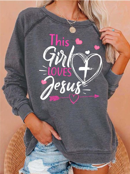 Women This Girl Loves Jesus Letters Casual Sweatshirt, Hoodies&Sweatshirts, Lilicloth.com