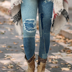 Women's Regular Fit Abstract Imitation Denim Print Simple Leggings, Leggings, Lilicloth.com