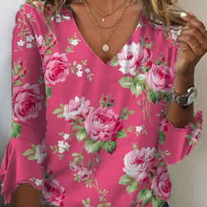 Women's Floral Casual Print V-Neck T-Shirt, Long sleeves, Lilicloth.com