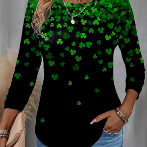 Casual St. Patrick's Day Four-leaf Clover Crew Neck Three Quarter Sleeve T-shirt, T-shirts, color:Green|size:XXL, catalog Noracora shop
