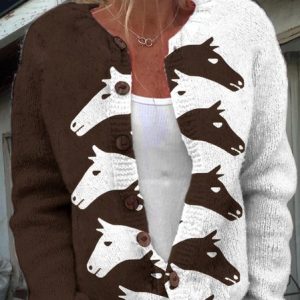 Women's Vintage Western Horse Print Cardigan Sweater, Cardigans, Lilicloth.com