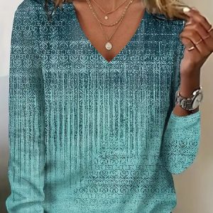 Ethnic pattern printed casual V-neck women's T-shirt, Long sleeves, Lilicloth.com