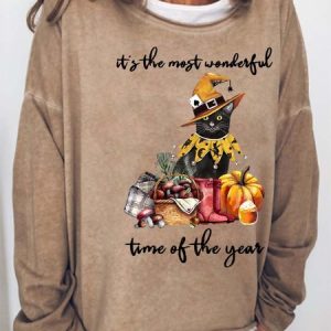 Women Wonderful Time Black Cat Pumpkin Light Halloween Crew Neck Loose Casual Sweatshirt, Hoodies&Sweatshirts, Lilicloth.com