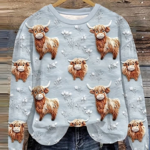 Women's Vintage Highland Cow Print Regular Fit Sweatshirt, Hoodies&Sweatshirts, Lilicloth.com