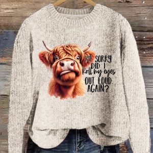 Women's Highland Cow Print Knitted Crew Neck Sweater, Sweaters, Lilicloth.com