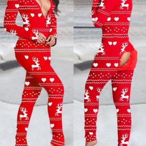 Christmas V-Neck Long Sleeve Jumpsuit Cutout Functional Buttoned Flap Adults Pajamas One Piece, women Pajama Rompers & Jumpsuits, ChicMe catalog