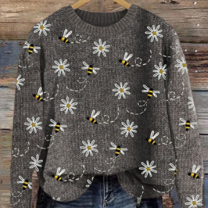 Women's Bee Floral Print Crewneck Knit Sweater, Sweaters, Lilicloth.com