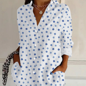 Women's Long Sleeve Shirt Spring/Fall White Polka Dots Buckle Shirt Collar Daily Going Out Casual Top, Blouses, Lilicloth.com