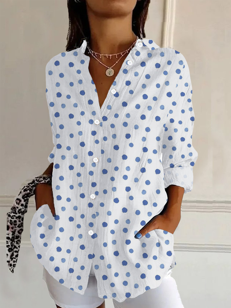 Women's Long Sleeve Shirt Spring/Fall White Polka Dots Buckle Shirt Collar Daily Going Out Casual Top, Blouses, Lilicloth.com