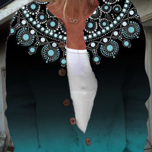 Crew Neck Casual Abstract Graphic Cardigan, Cardigans, Lilicloth.com