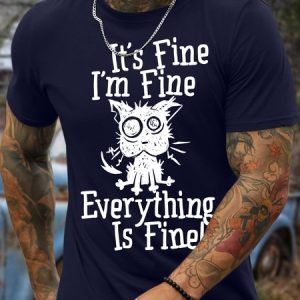 Men's It Is Fine I Am Fine Everything Is Fine Funny Dog Printing Crew Neck Text Letters Casual Cotton T-Shirt, T-shirts, Lilicloth.com