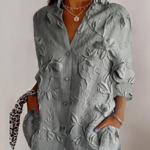 Women's Long Sleeve Shirt Spring/Fall Geometric Shirt Collar Daily Going Out Casual Top, JustFashionNow Blouses, color:Light Gray|size:5XL,