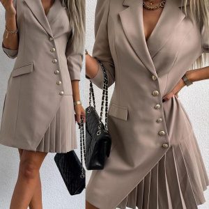 Asymmetrical Button Pocket Design Pleated Blazer Dress, women Blazer Dresses, ChicMe catalog