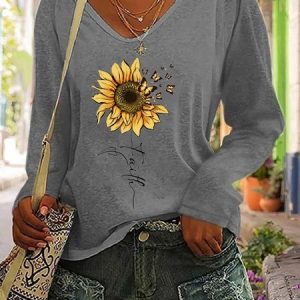 Sunflower Butterfly Printed Round Neck T-shirt, Long sleeves, Lilicloth.com
