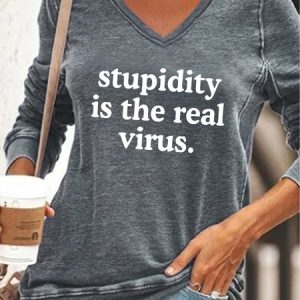 Funny satirical text printed V-neck long-sleeved Sweatshirts, Hoodies&Sweatshirts, Lilicloth.com