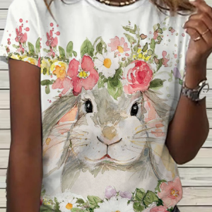 Women's Floral Easter Rabbit Loose Simple Crew Neck T-Shirt, T-shirts, Lilicloth.com