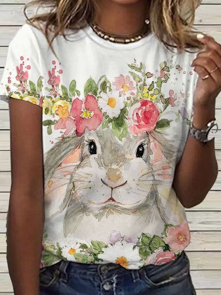 Women's Floral Easter Rabbit Loose Simple Crew Neck T-Shirt, T-shirts, Lilicloth.com
