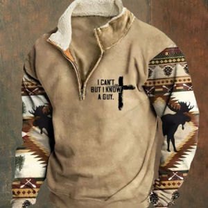 Men's Retro Western Faith Print Zipper Half Collar Sweatshirt, Hoodies&Sweatshirts, Lilicloth.com