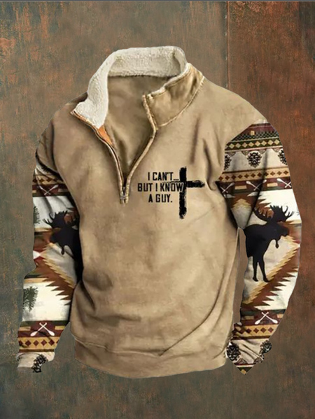 Men's Retro Western Faith Print Zipper Half Collar Sweatshirt, Hoodies&Sweatshirts, Lilicloth.com