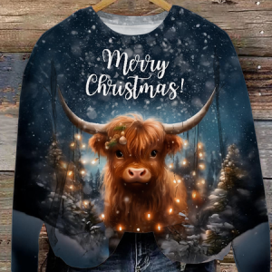 Women's Christmas Cute Highland Cow Printed Crew Neck Sweatshirt, Hoodies&Sweatshirts, Lilicloth.com
