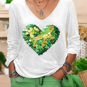 Women's Long Sleeve Tee T-shirt Spring/Fall Heart/Cordate Printing V Neck Casual Graphic Tee Top, JustFashionNow T-Shirts, color:White|size:XXL