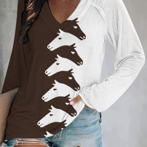 Women's Western Horse Print Loose V Neck Casual Cotton T-Shirt, Long sleeves, Lilicloth.com
