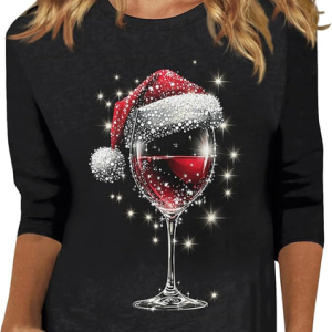 Crew Neck Long Sleeve Christmas Wine Glass Regular Medium Elasticity Loose Blouse For Women, Blouses, color:Black|size:3XL, catalog Noracora shop