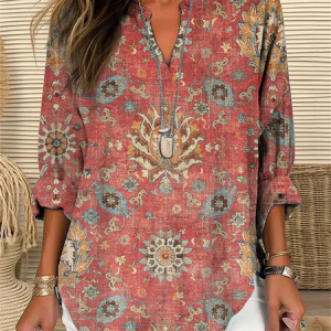 V Neck Long Sleeve Floral Regular Loose Shirt For Women, Shirts, color:Red Brown|size:5XL, catalog Noracora shop