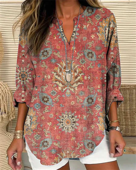 Simple Loose Cotton-Blend Floral Shirt, Blouses, Lilicloth.com
