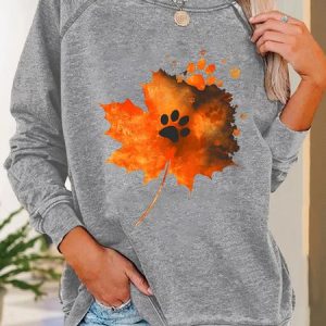 Maple Leaf Dog Paw Print Casual Sweatshirt, Hoodies&Sweatshirts, Lilicloth.com