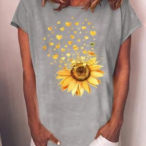 Women's Crew Neck Casual Sunflower Heart T-Shirt, T-shirts, Lilicloth.com