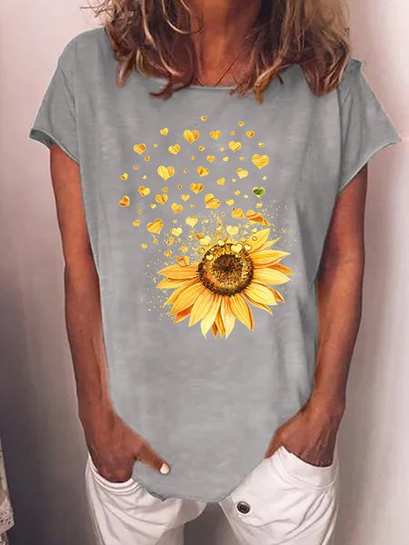 Women's Crew Neck Casual Sunflower Heart T-Shirt, T-shirts, Lilicloth.com
