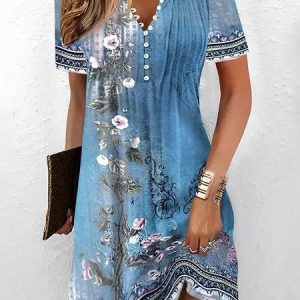 Women's Short Sleeve Summer Floral Buckle Dress Notched Daily Going Out Casual Mini A-Line TUNIC, JustFashionNow Floral Dresses, color:Blue|size:XXL,