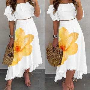 2 Piece Floral Print Contrast Lace Off Shoulder Ruffle Hem Top Dip Hrm Skirt Vacation Skirt Set, women Two-piece Sets, ChicMe catalog