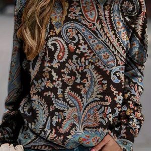 Ethnic Cashew Flower Print Casual Sweatshirt, Long sleeves, Lilicloth.com
