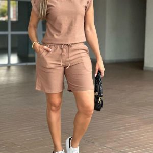 2 Pieces Round Neck Short Sleeve T Shirt and Casual Pocket Design Drawstring Shorts Set, women Two-piece Sets, ChicMe catalog