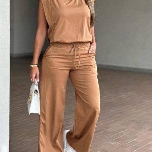 2 Pieces Round Neck Flutter Sleeve T Shirt Top and Casual Pocket Design Drawstring Pants Set, women Two-piece Sets, ChicMe catalog