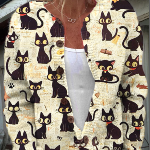 Women's Casual Round Neck Cat Knitted Print Cardigan, Cardigans, Lilicloth.com